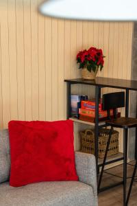 萨拉斯皮尔斯The Sound of Silence - romantic tiny house near Riga的坐在房间里沙发上的红色枕头