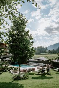 布鲁尼科佩特鲁斯酒店的一个带树、椅子和遮阳伞的游泳池