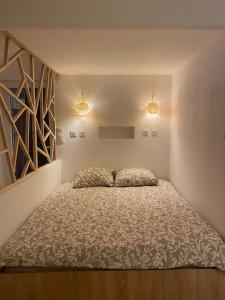 Bénesse-MaremneEntre terre & mer的一间设有床铺的卧室,位于带两个灯的房间