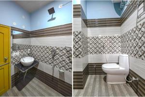 LārjiFabHotel Snower的浴室的两张照片,配有卫生间和水槽