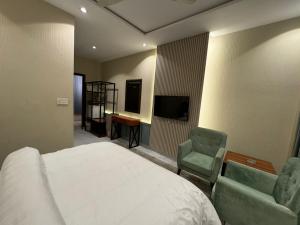 拉合尔Shelton Boulevard Hotel Lahore的一间卧室配有一张床、两把椅子和电视