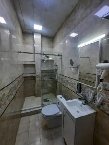 杜尚别Diamond Hotel Dushanbe的带淋浴、卫生间和盥洗盆的浴室
