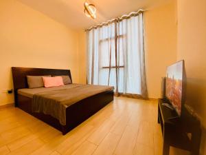 迪拜Executive Master Bedroom In Shared Apartment的一间卧室设有一张床、一台电视和一个窗口。