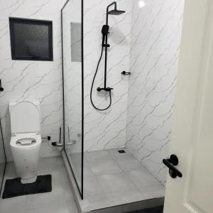 奇帕塔The KWASU Apartments的白色的浴室设有淋浴和卫生间