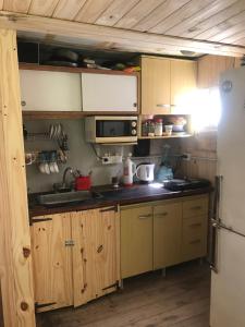 蒂格雷Isla Curubica的厨房配有木制橱柜、水槽和冰箱。