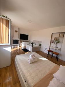 萨莱诺Casa vacanza “oasi”的一间白色的大房间,配有床和电视