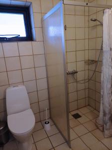 吉弗Hyrdeskolen的一间带卫生间和淋浴的浴室