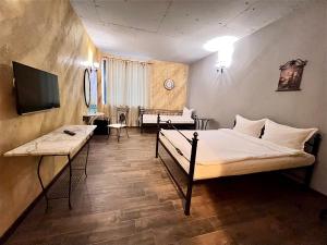 PernikХотел Антик的一间卧室配有一张床、一张书桌和一台电视。