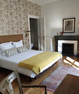 图尔儒勒豪宅酒店的一间卧室设有一张大床和一个壁炉