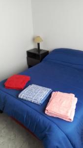 拉斯格路塔斯Sendero Patagonico的一张蓝色的床,上面有三个枕头