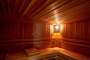 利莫内-苏尔加达Garda Suite Hotel的一间空的木制桑拿房,里面光线充足