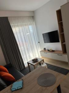 阿格里尼翁Orange Luxury apartment in agrinio的客厅配有沙发和桌子