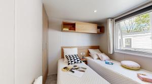 Ambérieux-en-DombesL'Oasis des Dombes的小房间设有两张床和窗户