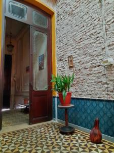 蒙得维的亚El Patio de la Morocha的一座楼房的门,桌子上放着植物