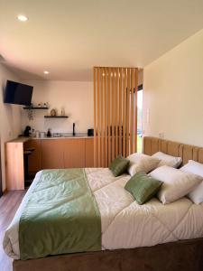 吉马良斯Quinta de Requeixo的一间卧室配有一张带绿色和白色枕头的大床