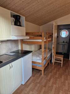 延雪平Lovsjöbadens Camping的一间小厨房,位于一个小房子内,配有双层床