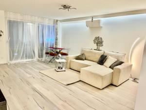 蒙特勒Spa luxury app for 2 or 4 pers centre lac view的客厅配有沙发和桌子