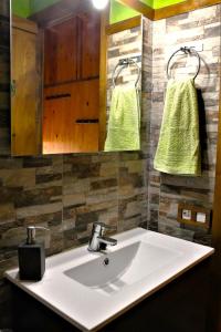 Mont-ralRefugio La Cabrera的浴室设有水槽、镜子和绿色毛巾