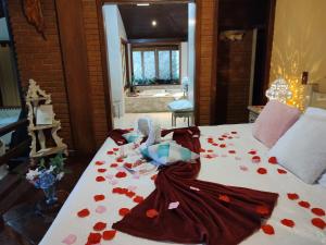 伊塔蒂亚亚维斯塔林达酒店的一间卧室配有一张铺有红色玫瑰花瓣的床。