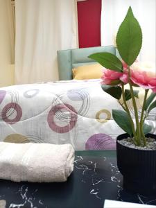 阿布扎比MBZ - Pleasant Stay的一间卧室,配有一张床和一张桌子上的植物