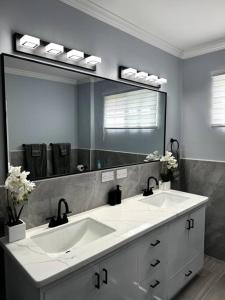 金斯敦Ridge View的一间带两个盥洗盆和大镜子的浴室