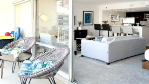 檀香山Blue Paradise Suite Free Parking的带沙发和椅子的客厅以及厨房。
