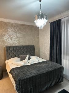 普洛耶什蒂Apartament Simoni的一间卧室配有一张带吊灯的大型黑色床。