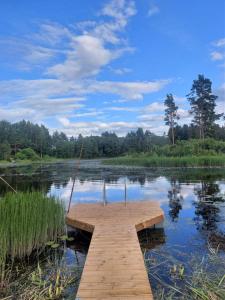 LiguriPaganamaa puhkemaja ja peosaal的湖中的一个木头码头