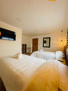利纳雷斯维多利亚塞德酒店的一间卧室设有两张床,墙上配有电视。