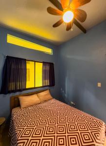 TalamancaCaribbean Blue Morpho Casitas的一间卧室配有一张床和吊扇