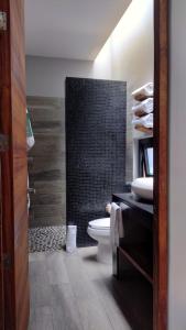 瓦哈卡市埃卡莱洪精品酒店的一间带卫生间和黑色淋浴的浴室