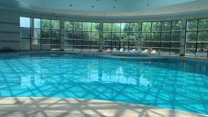 潍坊潍坊富华大酒店a座的一座大型游泳池,位于一座带窗户的建筑内