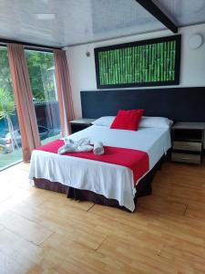 里奥内格罗FINCA HOTEL SANTO TOMAS REAL的一间卧室配有一张带红色枕头的大床