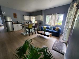 ChoiseulNATURES BLISS-ISLANDERS的一间带蓝色沙发的客厅和一间厨房