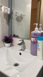 哥打巴鲁HomeStay De’Viana NMS Residence的浴室水槽,配有1瓶肥皂和1面镜子