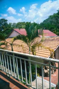 Phumĭ Ŏng CharJungle House Kep 2的阳台,种植了棕榈树,并建有一座建筑