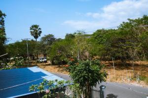 Phumĭ Ŏng CharJungle House Kep 2的享有带游泳池和树木的庭院的景色