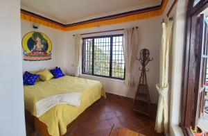 博卡拉和平龙旅馆的一间卧室设有一张床和一个窗口