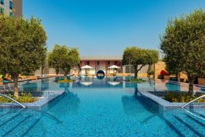 阿布扎比阿布扎比雅乐轩酒店的一座种植了树木和蓝色水的大型游泳池