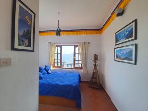 博卡拉和平龙旅馆的一间卧室设有蓝色的床和窗户。