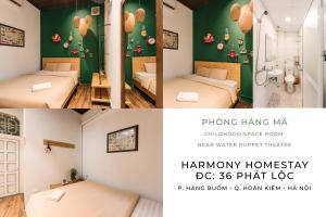 河内Harmony Homestay - Hanoi Homestay in Old Quarter的一张带床的房间的三张照片拼贴