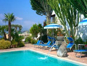 伊斯基亚伊姆帕拉马尔酒店的一个带蓝色椅子和遮阳伞的游泳池