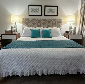 檀香山Blue Paradise Suite Free Parking的一间卧室配有一张带蓝色枕头的大床