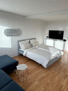 汉堡Außenalster Penthouse Charakter的一间卧室配有一张床、一张沙发和一台电视。