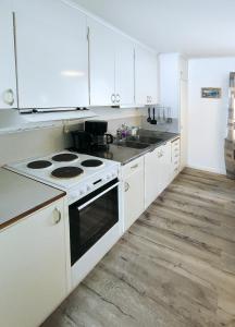 BlattnikseleHoliday home - Semesterhus Solnedgång的白色的厨房配有炉灶和水槽