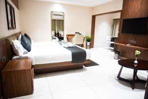 古瓦哈提Hotel SUI的酒店客房,配有床和电视