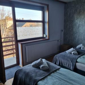 斯塔洛瓦沃拉WILLA MIŁA的客房设有两张床和大窗户。