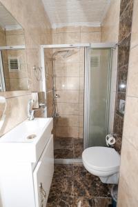 伊斯坦布尔Merdin Suites & Hotel - Downtown的浴室配有卫生间水槽和淋浴。