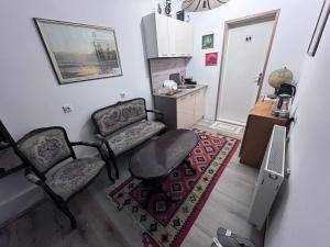 皮罗特Prenoćište Jocic的客厅配有两把椅子和一张桌子