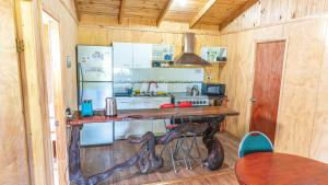 巴拉斯港Cabañas Estrella del Sur的厨房配有带冰箱和炉灶的桌子。